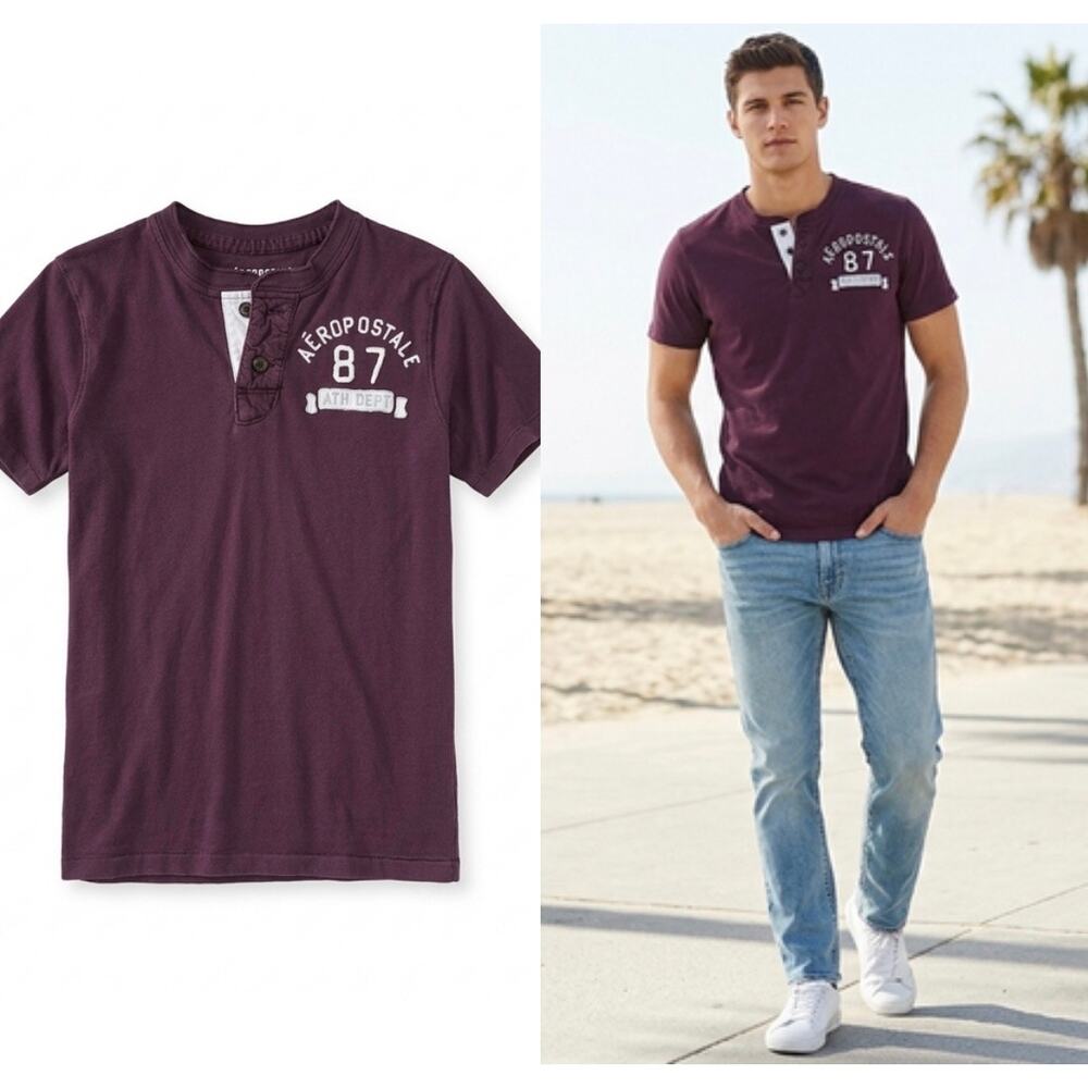 Aeropostale Burgundy Short Sleeve Graphic Henley Shirt XS